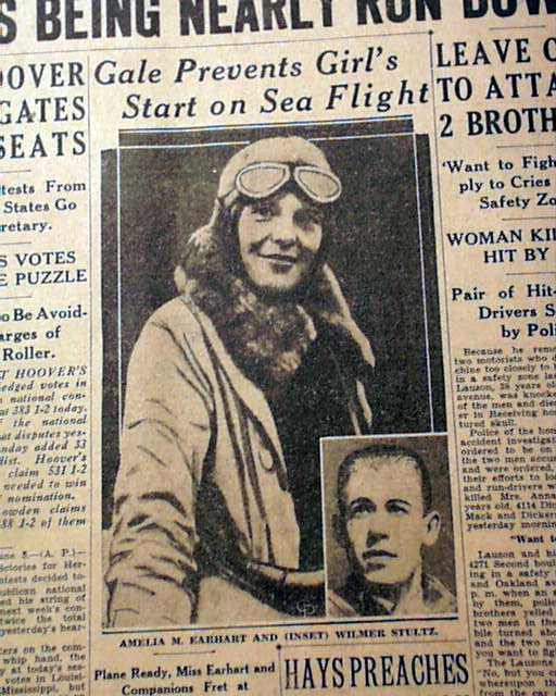Amelia Earhart attempts to become the first woman to fly the Atlantic... Front page photo...
