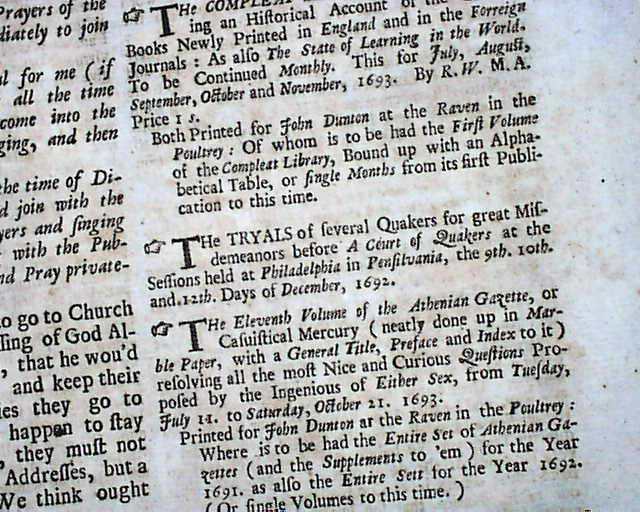 Ad for a book on the trial of Quakers at Philadelphia...