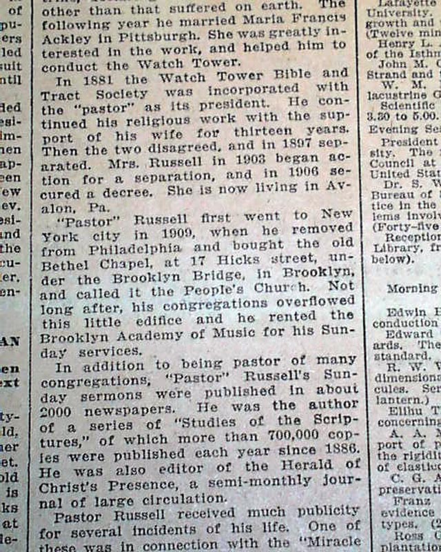 Death of the founder of Jehovah's Witnesses, Charles Rusell ...