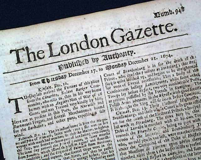 World's Oldest NEWSPAPER 1674 Gazette 316 YEARS OLD...