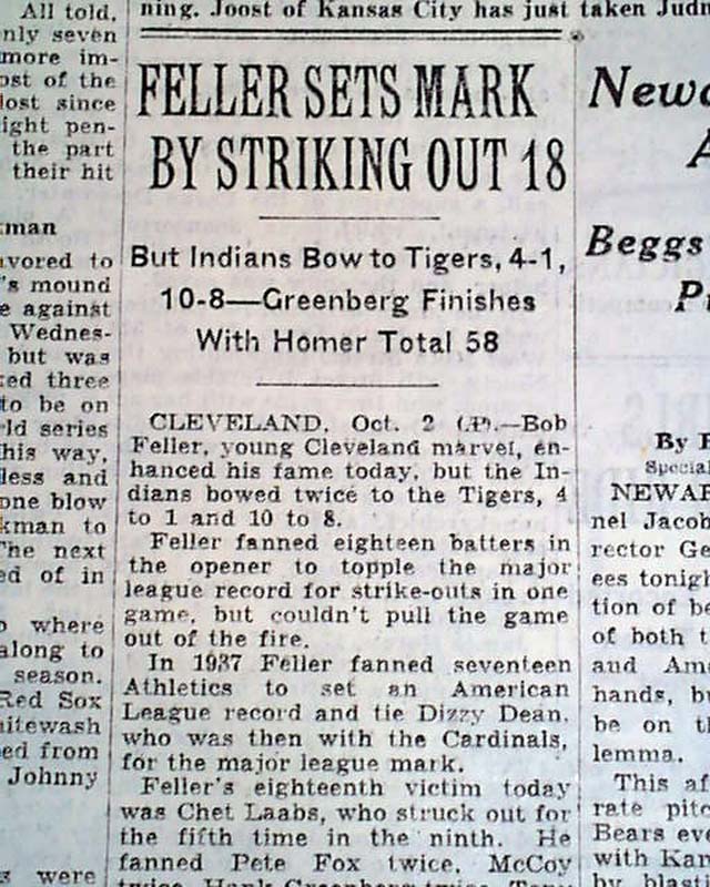 October 2, 1938: Bob Feller sets new MLB strikeout record, whiffs 18 in  loss – Society for American Baseball Research