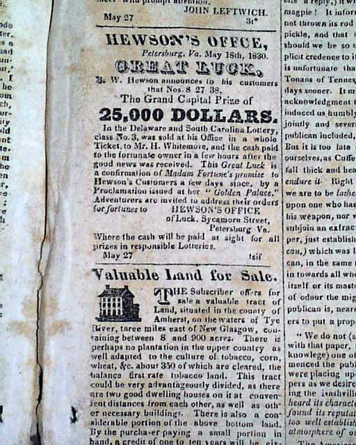 1830 Lynchburg Virginia Newspaper With Slave Ads