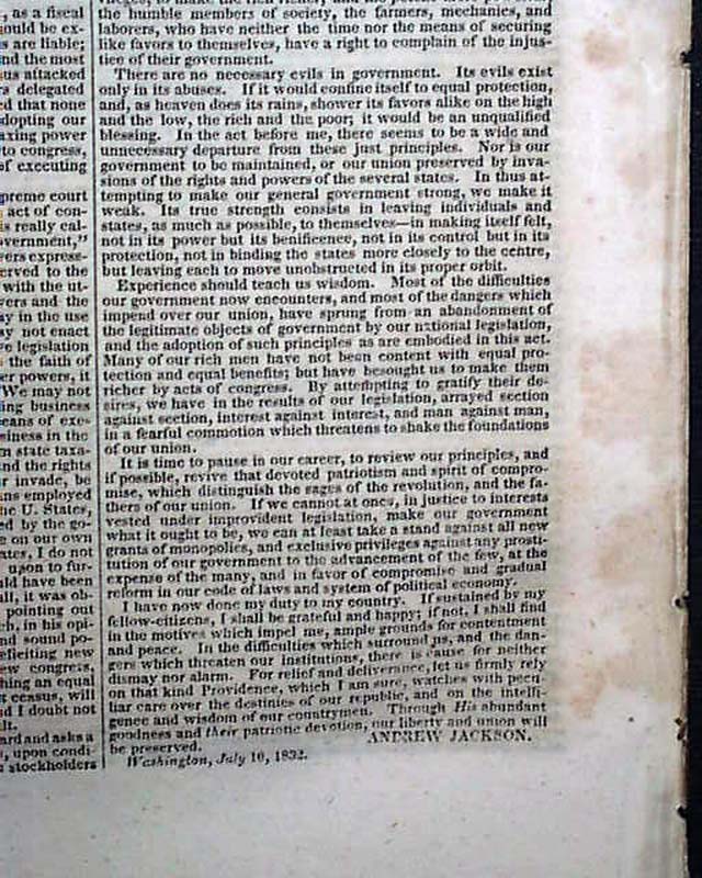 Andrew Jackson vetoes the re-charter of the Bank of the United States ...