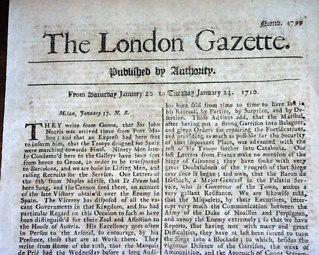 1710 Before REVOLUTIONARY WAR Newspaper 296 Years Old !... -