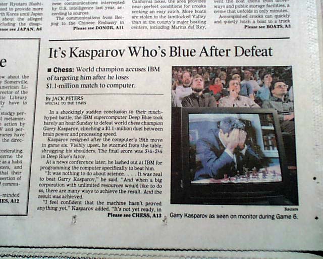 IBM's Deep Blue defeats world chess champion, Garry Kasparov 