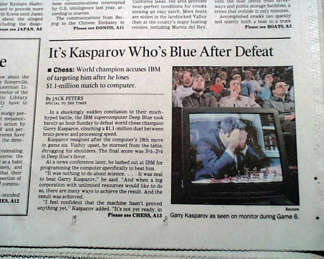 On this day in 1997, IBM's Deep Blue sent shockwaves through the chess  world, defeating reigning world champion Garry Kasparov 3½–2½ in a six-game  match held in New York. : r/chess