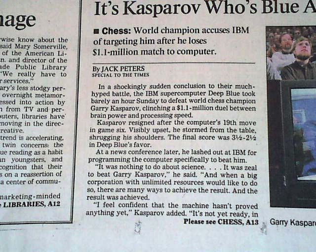 In 1997, chess world champion Garry Kasparov lost to IBM's Deep Blue  supercomputer : r/chess