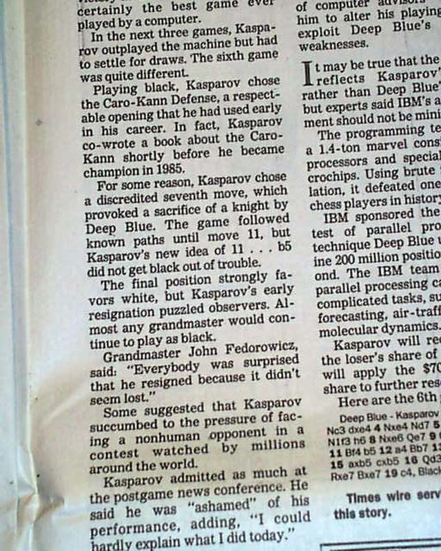 On this day in 1997, IBM's Deep Blue sent shockwaves through the chess  world, defeating reigning world champion Garry Kasparov 3½–2½ in a six-game  match held in New York. : r/chess