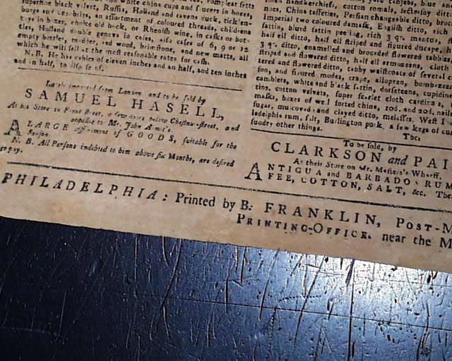 Newspaper with the desired Ben Franklin imprint...