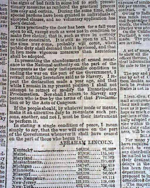 1864 Abraham Lincoln State of the Union Address... - RareNewspapers.com