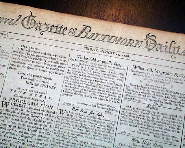 Originl 1798 Baltimore Gazette MARYLAND newspaper w illustrated sailing ship ads 