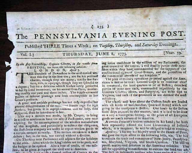 Philadelphia Newspaper Dated 1775 The Plan To Militarize The