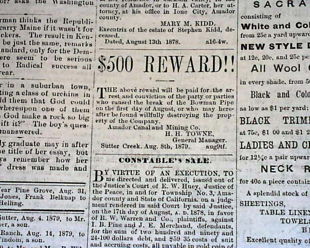 1879 Old West Newspaper From Jackson CA......