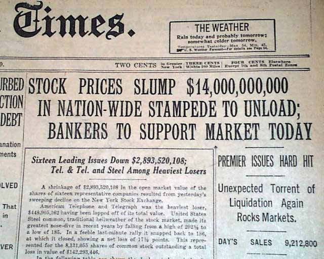 In: "100 Years of Famous Front Pages from The New York Times"... The stock market crash of 1929... - RareNewspapers.com