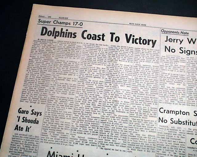 Miami Dolphins 17-0 Newspaper Miami Dolphins Undefeated Don 