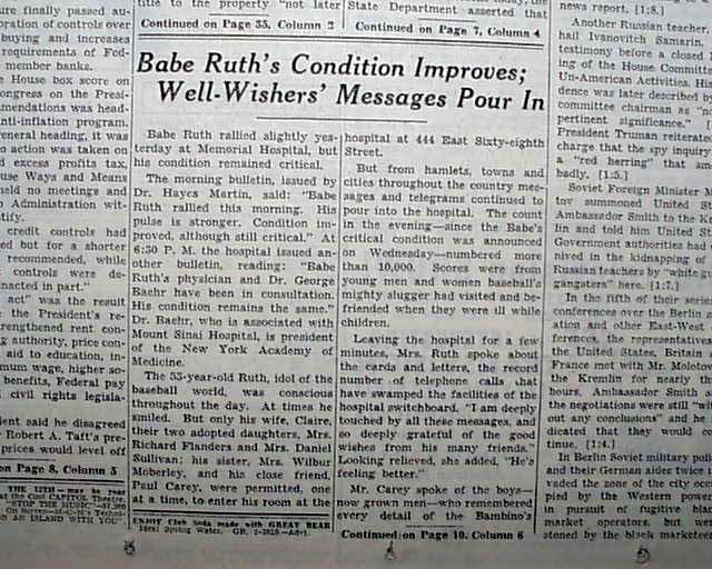 Lot - BOSTON NEWSPAPER REPORTS THE DEATH OF BABE RUTH