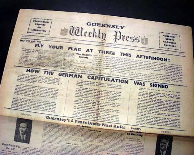 Guernsey is liberated from the Nazis, in a Guernsey newspaper...
