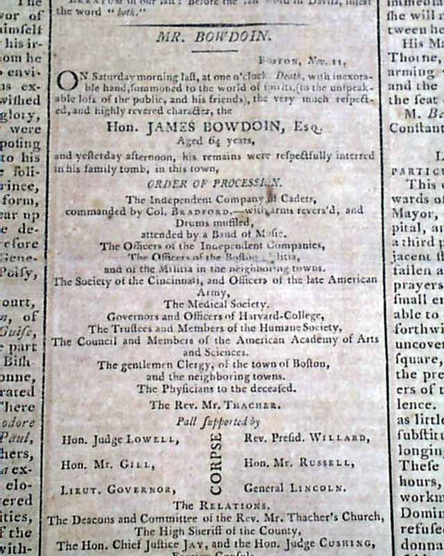 Death of Governor James Bowdoin...