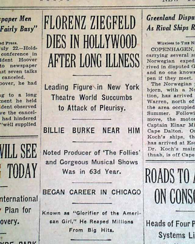 Death of Florenz Ziegfeld in 1932... - RareNewspapers.com