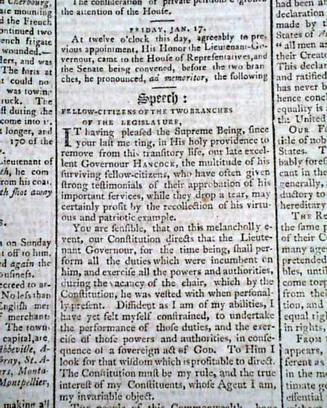 Sam Adams's speech mentions the death of John Hancock...