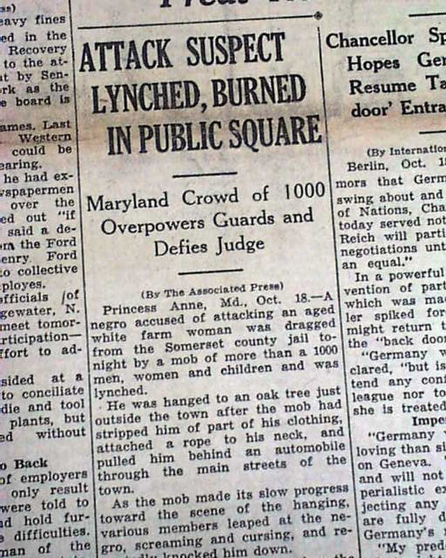 Princess Anne, Maryland Negro lynching...