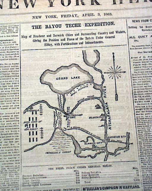 Civil War map of the Bayou Teche expedition... - RareNewspapers.com