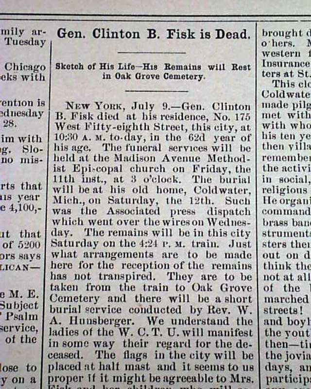 Clinton B. Fisk death...