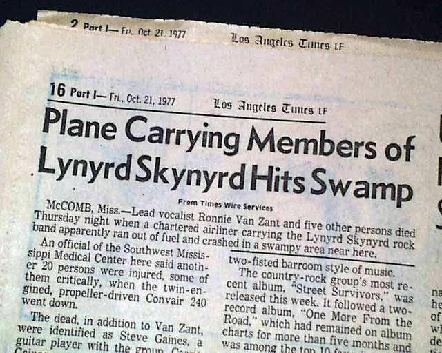 Lynyrd Skynyrd airplane crash disaster... - RareNewspapers.com