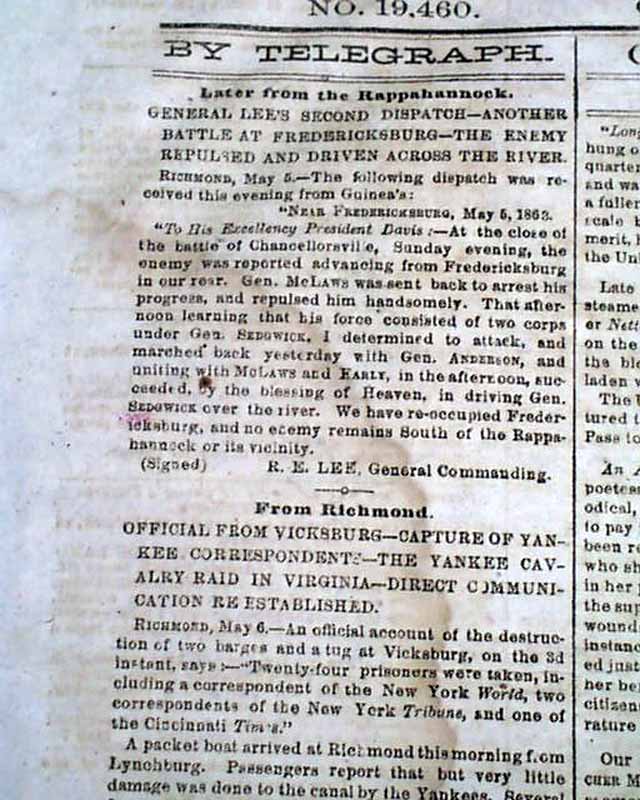 Battle of Chancellorsville, in a Confederate newspaper...