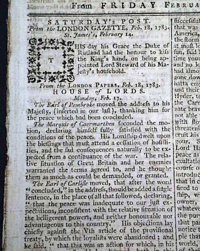 The House of Lords on the peace treaty ending the Revolutionary War...