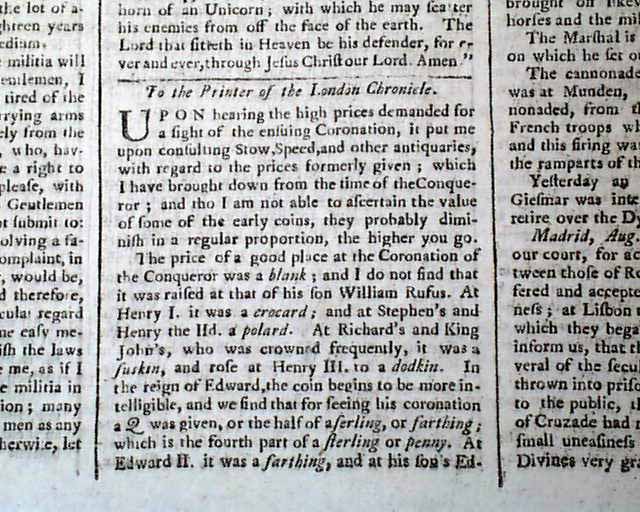 High prices to witness the coronation...   French & Indian War...