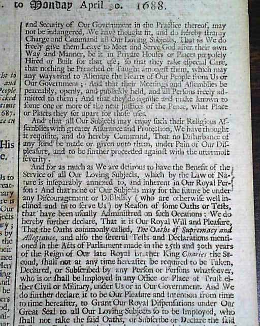 1688 Declaration Of Indulgence... - RareNewspapers.com