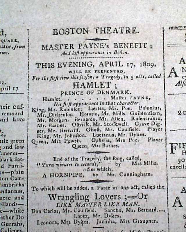 Edgar Allan Poe Parents Theatre Ad In 1806...