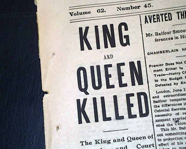 1903 King & Queen of Servia assassinated... - RareNewspapers.com