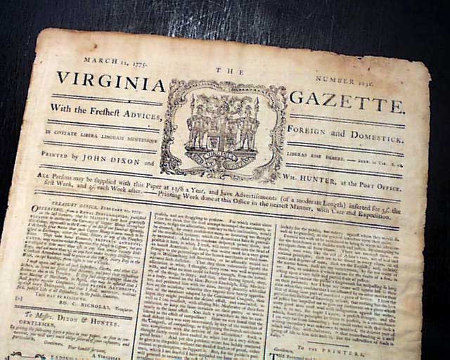 Document by John Hancock... Newspaper from Williamsburg, Virginia
