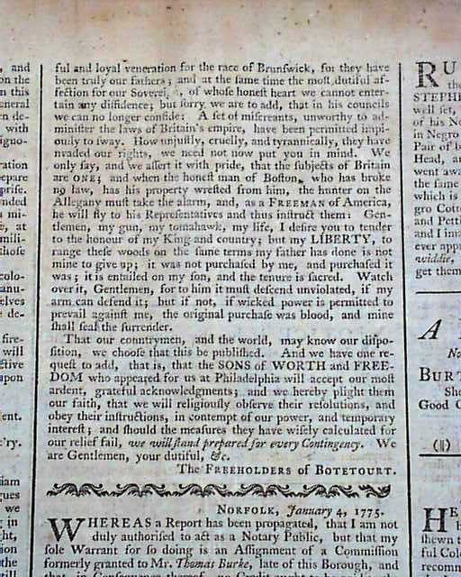 Document by John Hancock... Newspaper from Williamsburg, Virginia