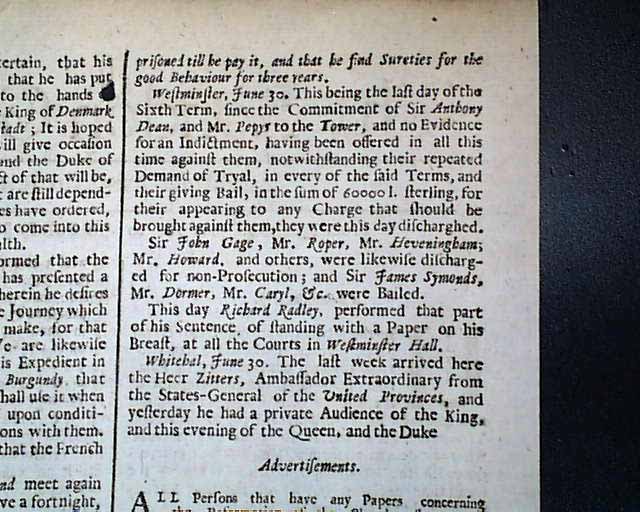 Samuel Pepys released from the Tower of London...