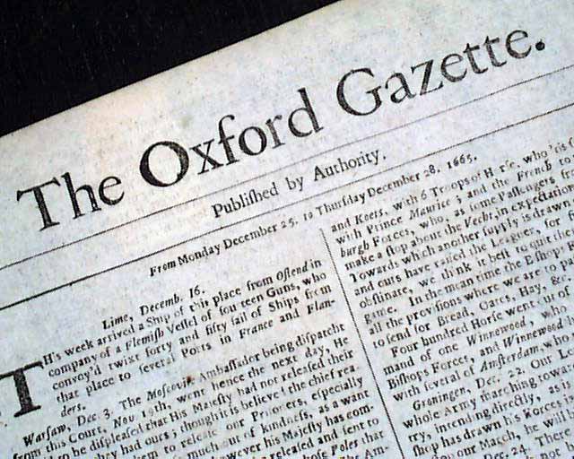 Extremely rare 1665 Oxford Gazette...