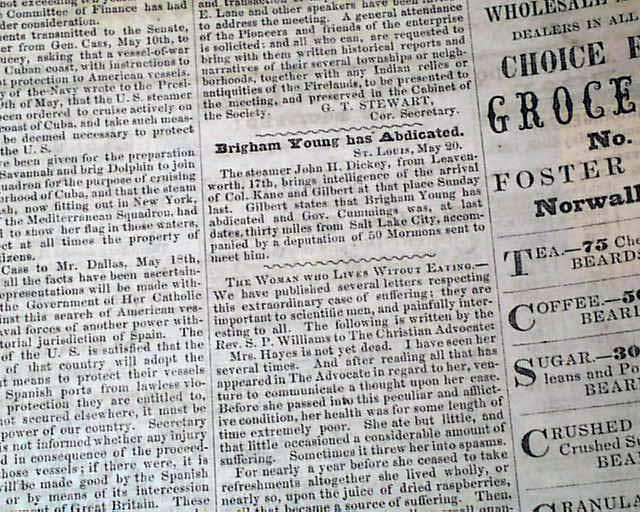 Brigham Young abdicates, giving authority to Governor Cumming...   The new state of 'Ontonagon'...