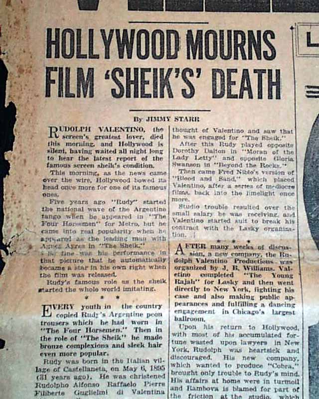 Death of movie star Rudolph Valentino... - RareNewspapers.com