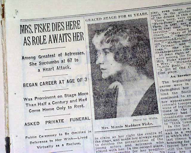 Actress Minnie Maddern Fiske death... - RareNewspapers.com