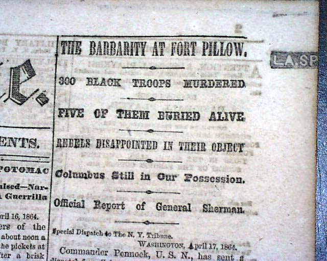 1864 Civil War Fort Pillow Tennessee Massacre Rarenewspapers Com