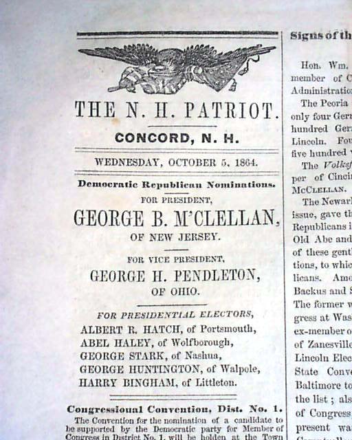1864 GEORGE MCCLELLAN For PRESIDENT Civil War Newspaper ...