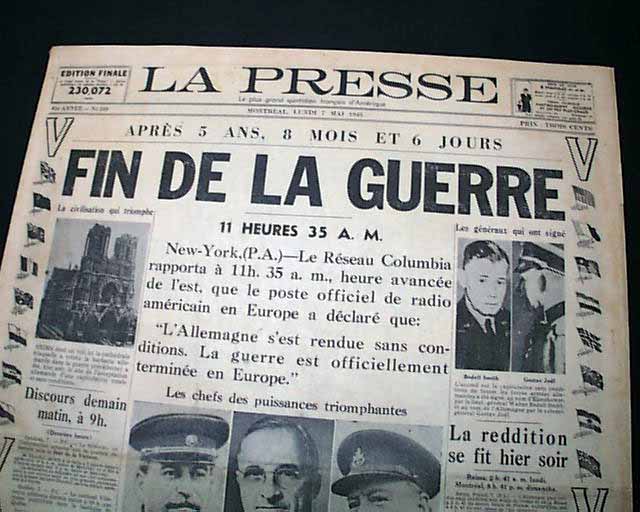 End of the War in Europe, in a French language newspaper...