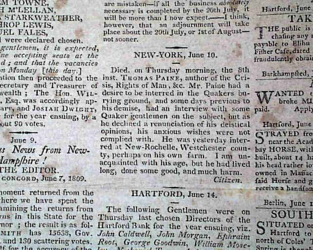 Death of Thomas Paine: "...done some good, and much harm."