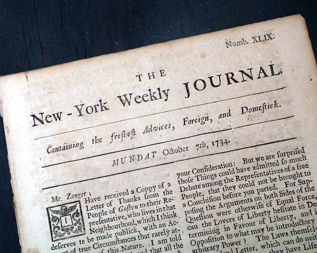 John Peter Zenger's famous newspaper: one of the 4 issues ordered to be burned...
