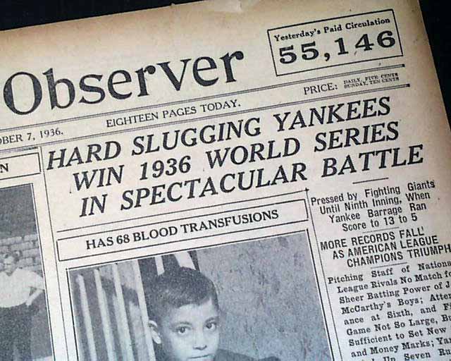 Yankees win game 1 in 1936 World Series 