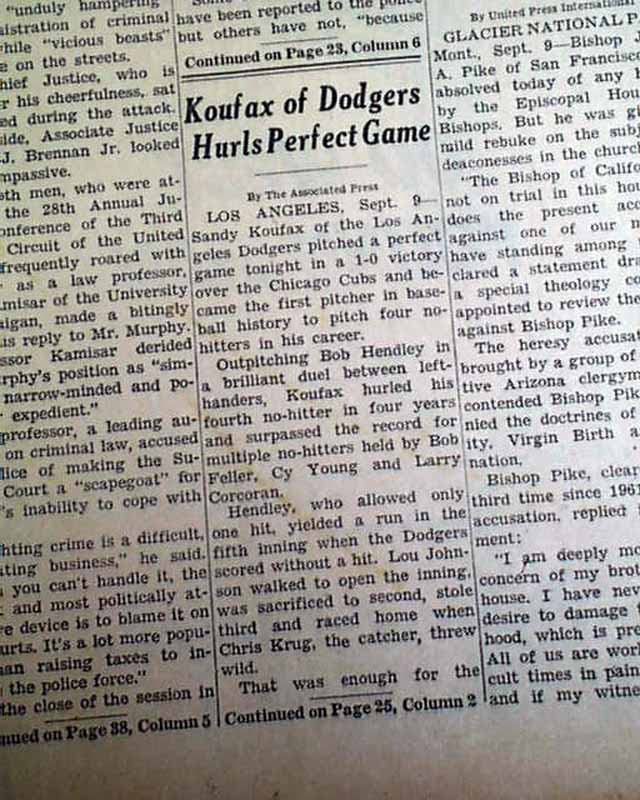 Sandy Koufax Perfect Game Boxscore