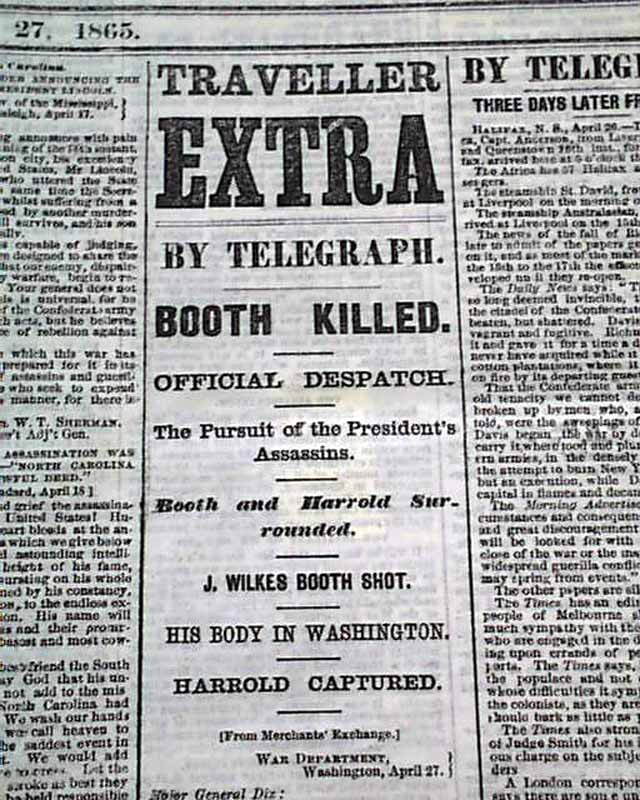 Very early report on the capture & death of John Wilkes Booth...