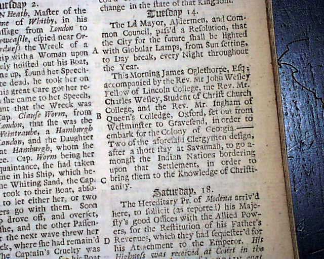 Oglethorpe & John Wesley go to Georgia to preach to the Indians ...